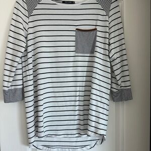 Pink Clover White and Black Striped Long Sleeve Pocket Tee